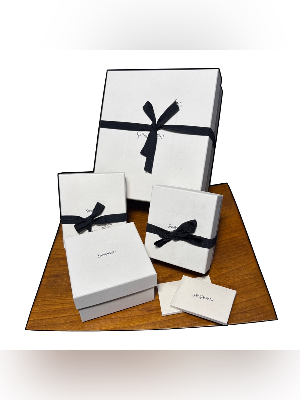 Saint Laurent White Gift Boxes Set with Black Stuffing/Ribbon + 2 Card Holders